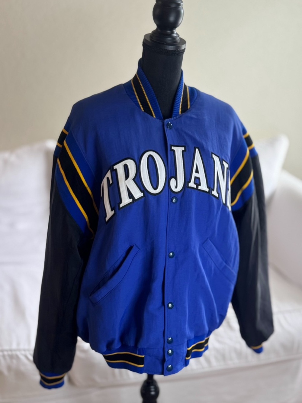 Rare 1980-90s TROJANS vintage excellent cond Blue & Black Varsity Bomber Jacket